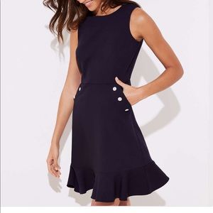 Loft pearl button pocket flounce hem navy dress